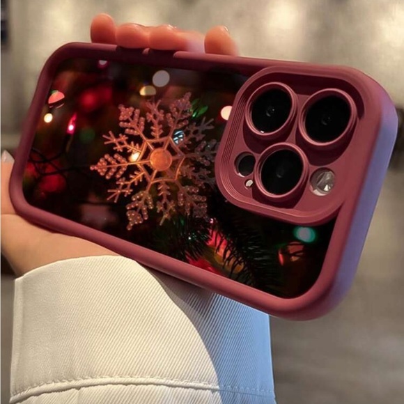 Stylish Maroon Phone Case with Snowflake Design compatible with IPhone 14 - Picture 2 of 4